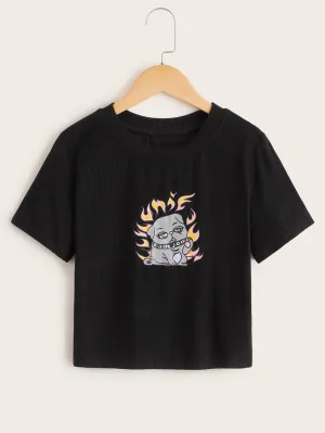 Cartoon Print Rib-knit Tee
