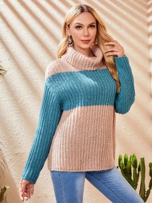Casual Colorblock Rib-Knit Long Sleeve Funnel Neck Regular Women Sweater