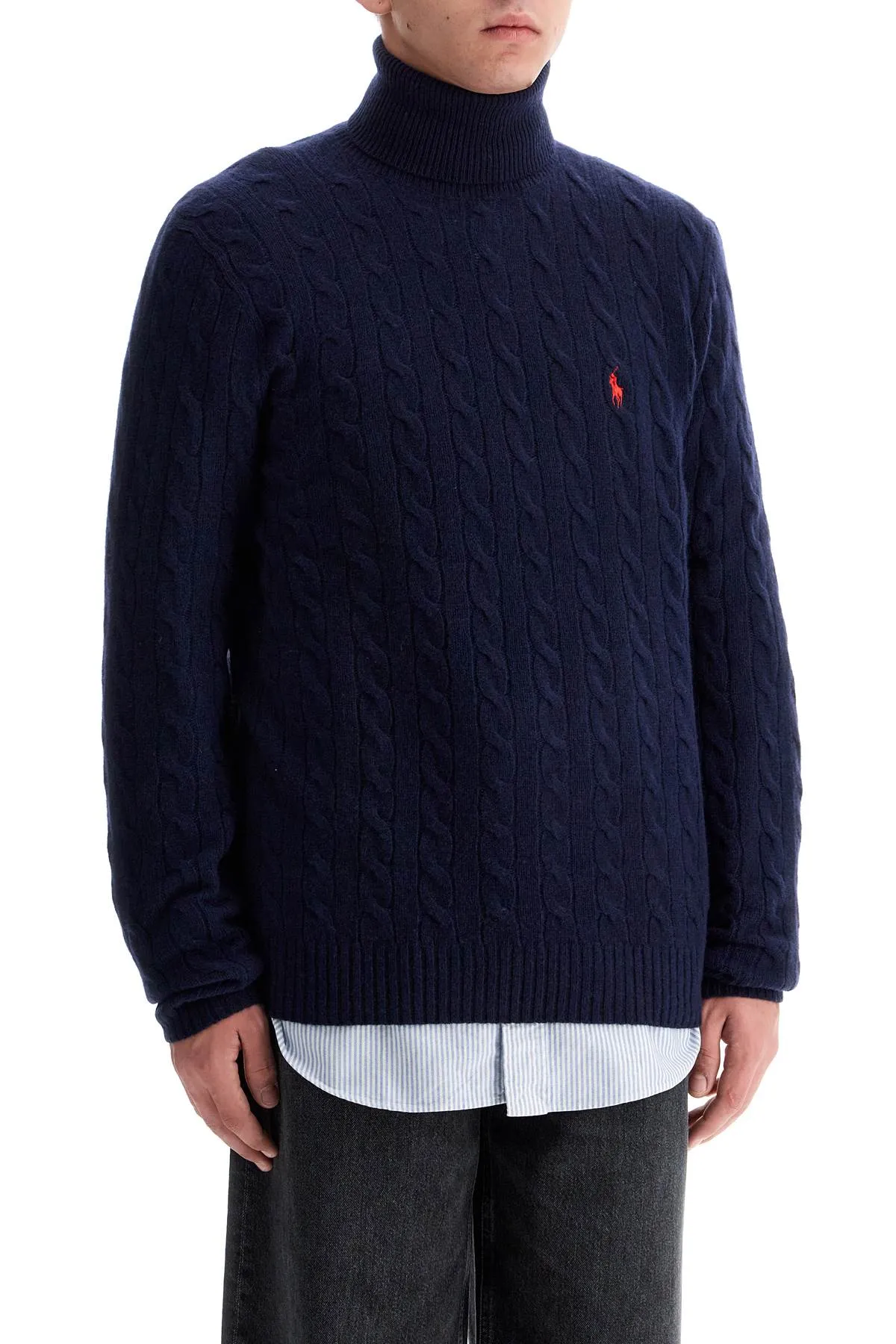 high-neck wool and cashmere cable-knit pullover sweater 710876836005 HUNTER NAVY
