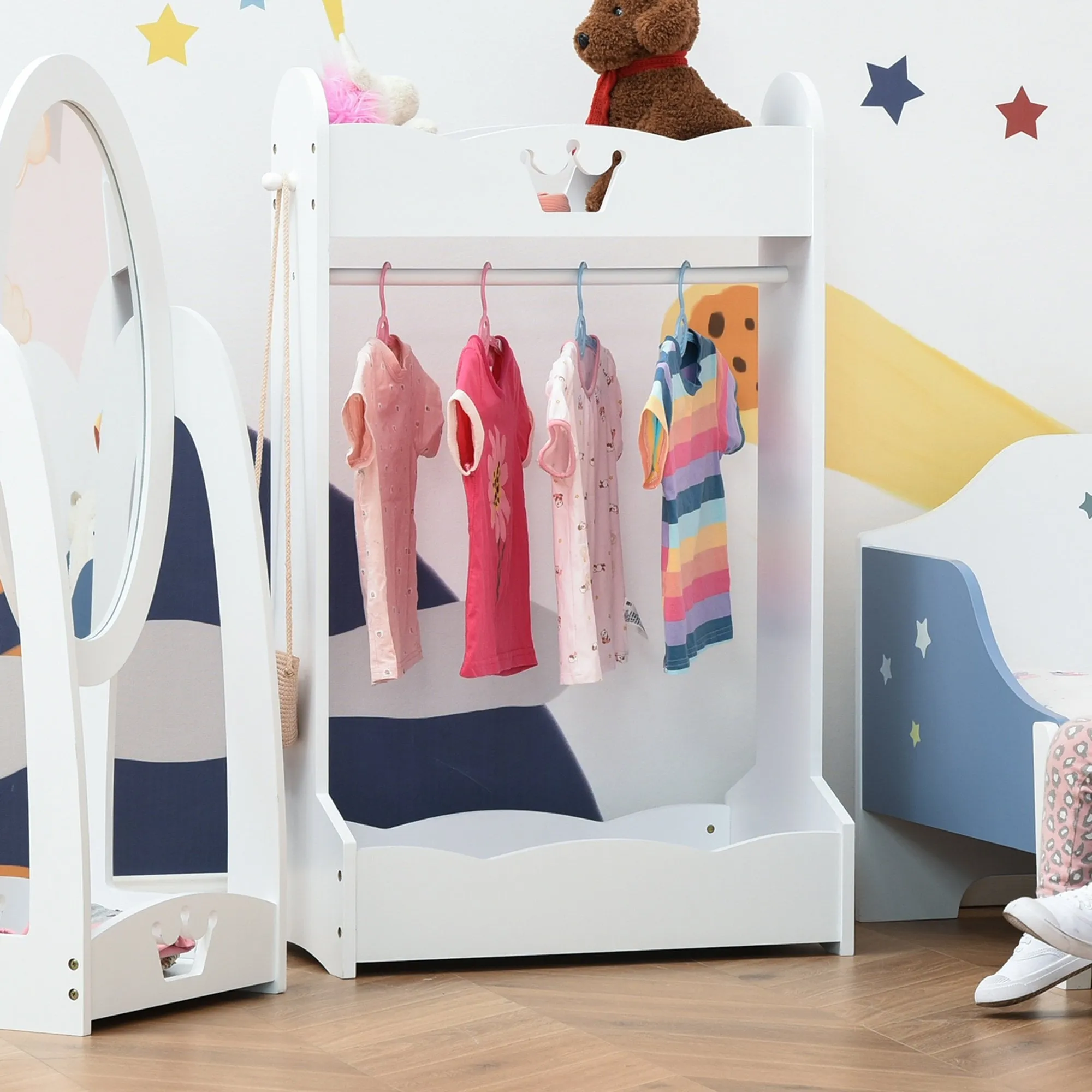 HOMCOM Wood Clothes Rack Hall Tree with Storage Shelves Children Garment Rack Freestanding Wardrobe for 3-8 Years Toddler, White 1-4