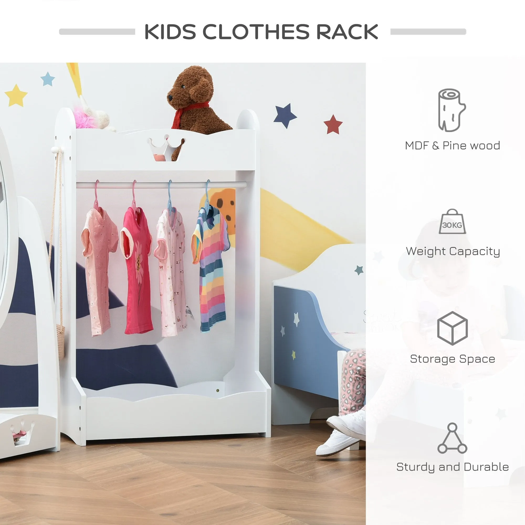 HOMCOM Wood Clothes Rack Hall Tree with Storage Shelves Children Garment Rack Freestanding Wardrobe for 3-8 Years Toddler, White 1-4