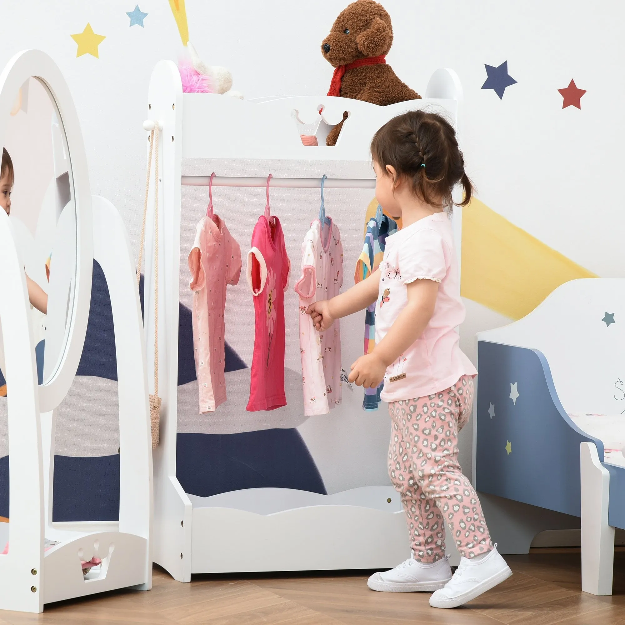 HOMCOM Wood Clothes Rack Hall Tree with Storage Shelves Children Garment Rack Freestanding Wardrobe for 3-8 Years Toddler, White 1-4