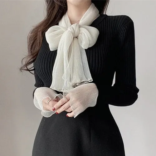 Joskaa Christmas Gift French Style Ladies Knitted Tops Mujer 2024 New Autumn Bowknot Silk Scarf Sweaters Women Strip Stitch Cuff Knit Pullovers