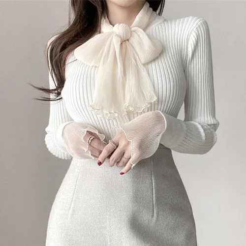 Joskaa Christmas Gift French Style Ladies Knitted Tops Mujer 2024 New Autumn Bowknot Silk Scarf Sweaters Women Strip Stitch Cuff Knit Pullovers