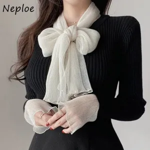 Joskaa Christmas Gift French Style Ladies Knitted Tops Mujer 2024 New Autumn Bowknot Silk Scarf Sweaters Women Strip Stitch Cuff Knit Pullovers