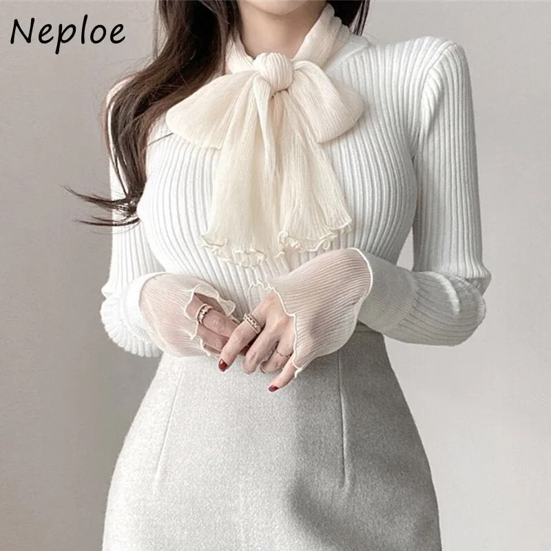 Joskaa Christmas Gift French Style Ladies Knitted Tops Mujer 2024 New Autumn Bowknot Silk Scarf Sweaters Women Strip Stitch Cuff Knit Pullovers