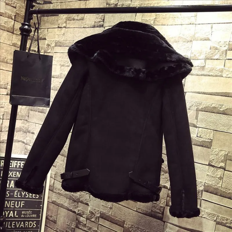 New 2017 Winter Women Motorcycle Faux Lambs Wool Coat Female Thick Warm Shearling Coats Faux Suede Leather Jackets Black H153
