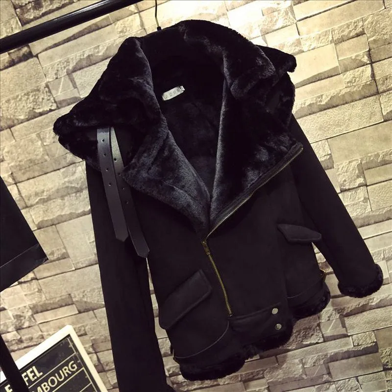 New 2017 Winter Women Motorcycle Faux Lambs Wool Coat Female Thick Warm Shearling Coats Faux Suede Leather Jackets Black H153