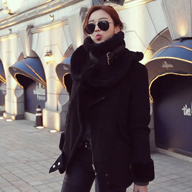 New 2017 Winter Women Motorcycle Faux Lambs Wool Coat Female Thick Warm Shearling Coats Faux Suede Leather Jackets Black H153