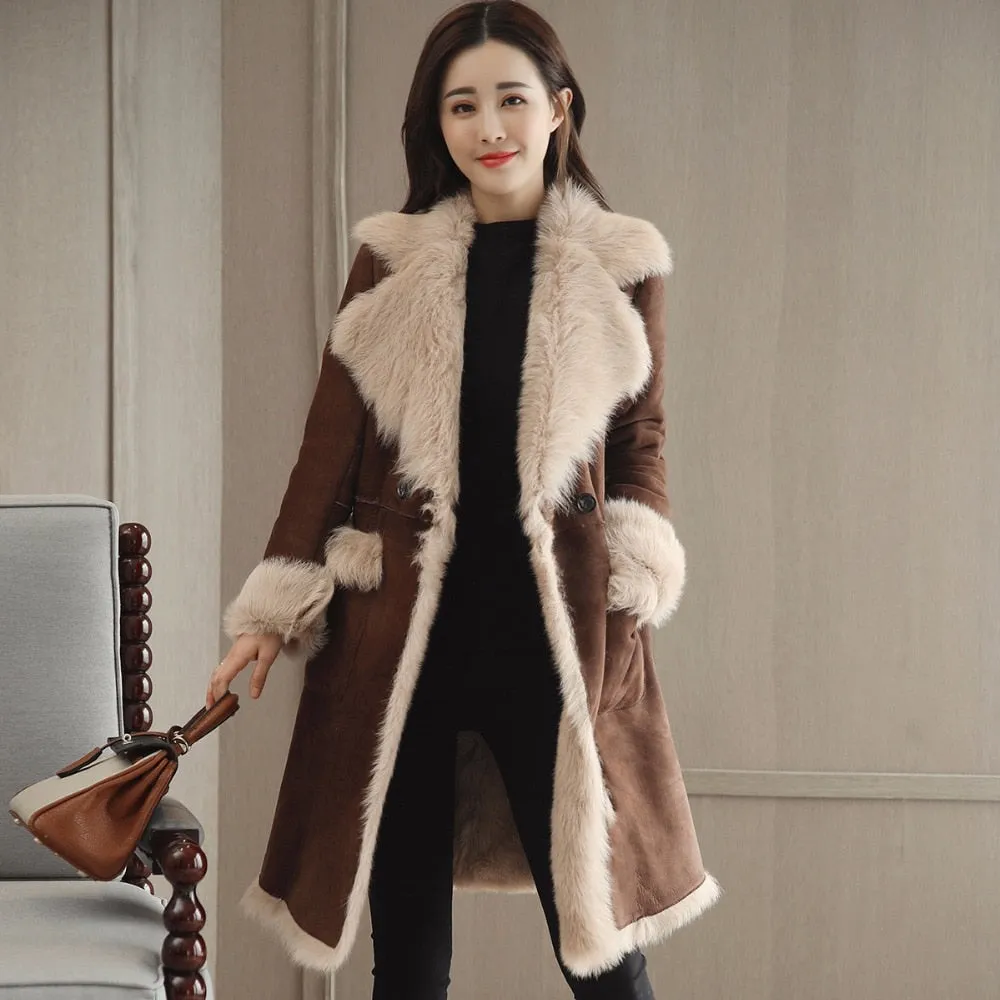 New arrival 2018 Winter Women Faux Fur Sheepskin Coat Female Long Shearling Coats Patchwork Faux Suede Leather Jackets W1508