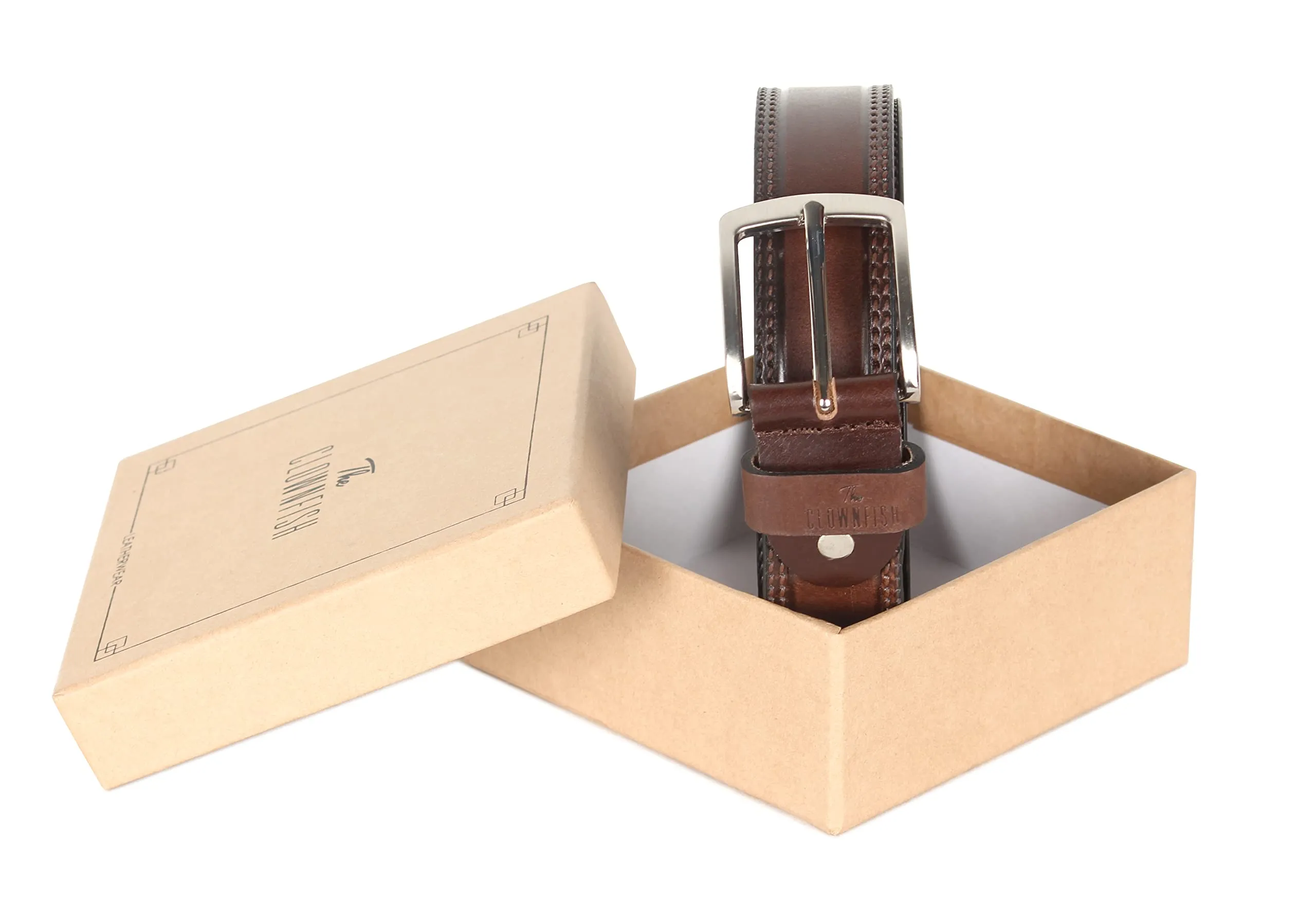 THE CLOWNFISH Men's Genuine Leather Belt with Textured/Embossed Design-Coffee Brown (Size-32 inches)